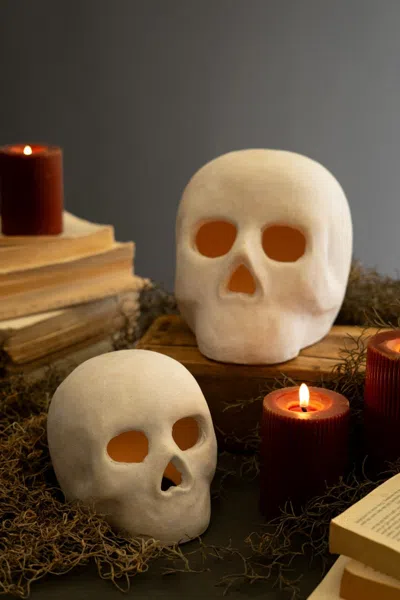 Kalalou Set Of Two Cement Halloween Skulls In White