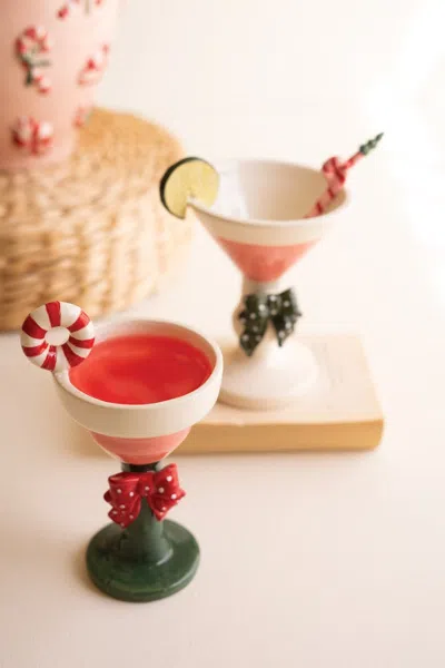 Kalalou Set Of Two Ceramic Christmas Martini Glasses In Pink