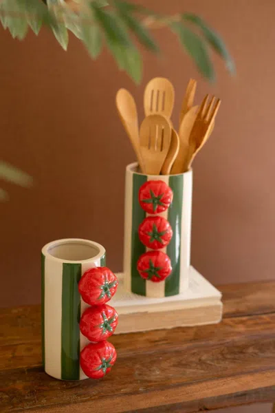 Kalalou Set Of Two Ceramic Green Striped Vases With Tomatoes In Multi