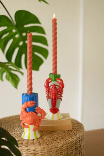 Kalalou Set Of Two Ceramic Lobster And Crab Taper Candle Holder In Multi