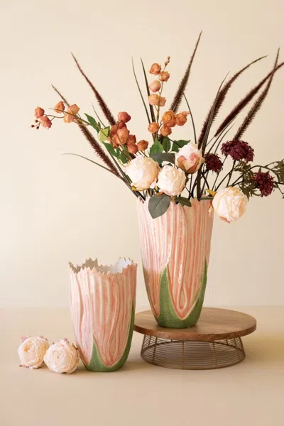 Kalalou Set Of Two Ceramic Vases - Pink And Green In Neutral