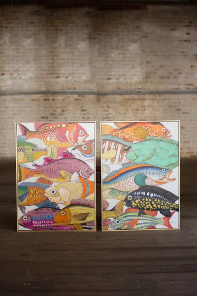 Kalalou Set Of Two Colorful Fish With Gold Frame Acrylic Painting