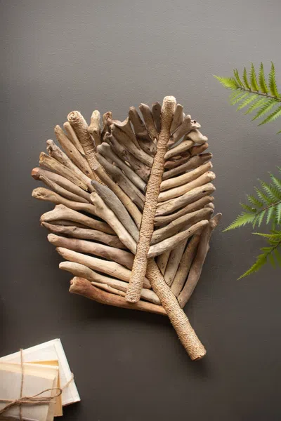 Kalalou Set Of Two Driftwood Leaves Trays With Abaca Detail