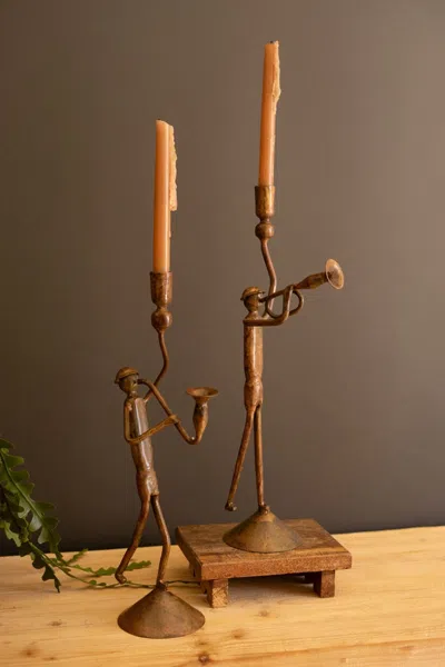 Kalalou Set Of Two Forged Iron Trumpet And Saxaphone Taper Candle Holders