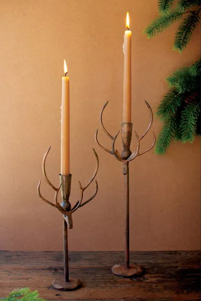 Kalalou Set Of Two Forged Rustic Brass Deer Candle Holders In Brown