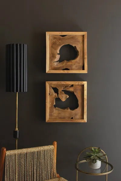 Kalalou Set Of Two Framed Teak Wall Art In Brown