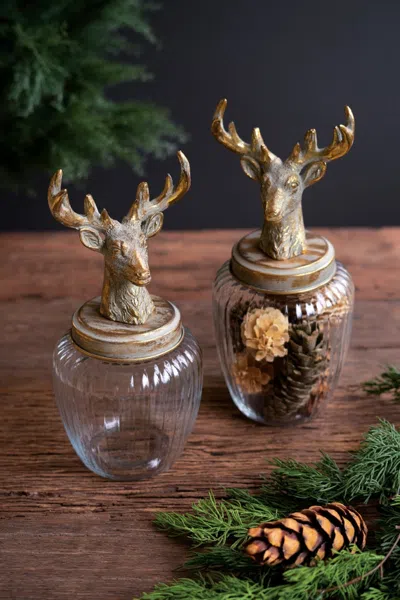 Kalalou Set Of Two Glass Canisters With Reindeer Tops In Multi
