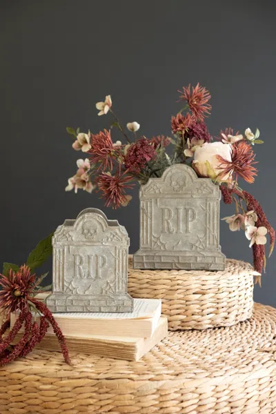 Kalalou Set Of Two Halloween Cement Rip Planters In Gray