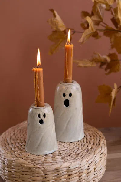 Kalalou Set Of Two Halloween Ghost Taper Candle Holders In White