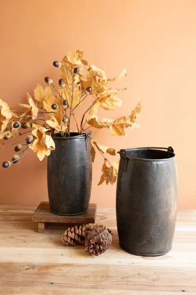 Kalalou Set Of Two Hammered Iron Buckets With Handles In Gray