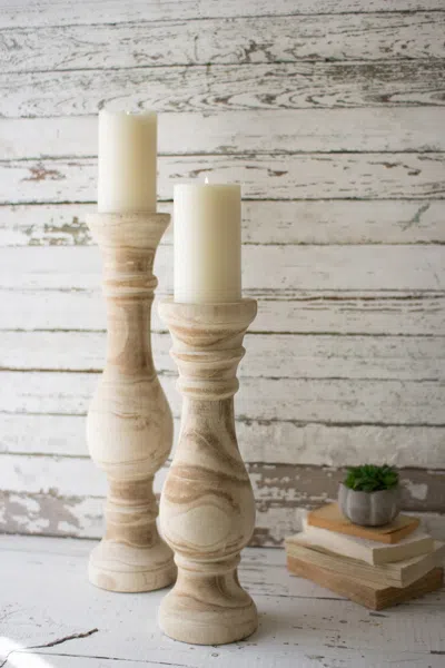 Kalalou Set Of Two Hand Carved Wooden Candle Stands In Neutral