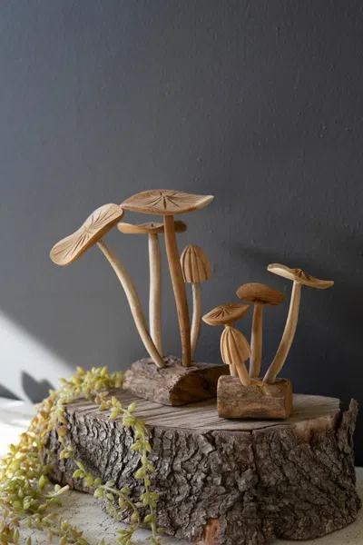 Kalalou Set Of Two Hand-carved Teak Wood Mushroom Clusters