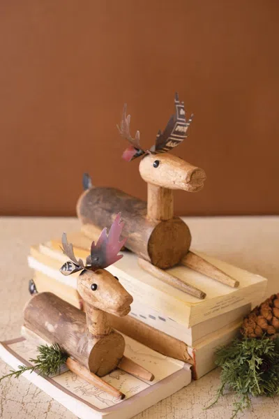 Kalalou Set Of Two Metal And Wood Sitting Deer In Brown