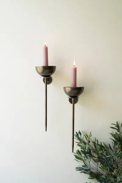 Kalalou Set Of Two Metal Wall Taper Candle Holders In Gold