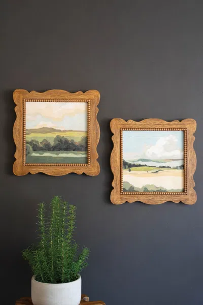 Kalalou Set Of Two Natural Wood Framed Lanscape Acrylic Paintings In Multi
