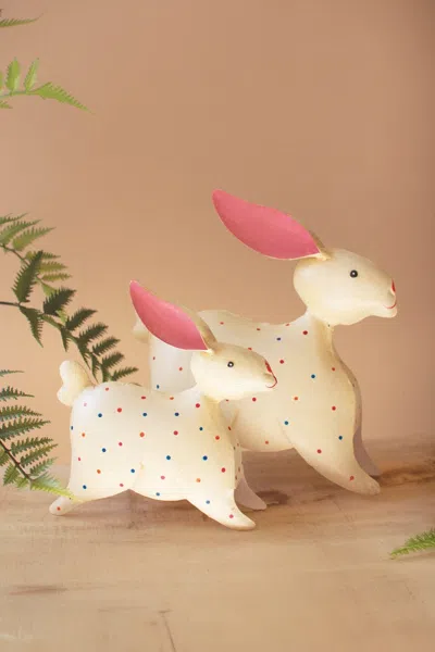 Kalalou Set Of Two Painted Iron Rabbits With Polka Dots In White