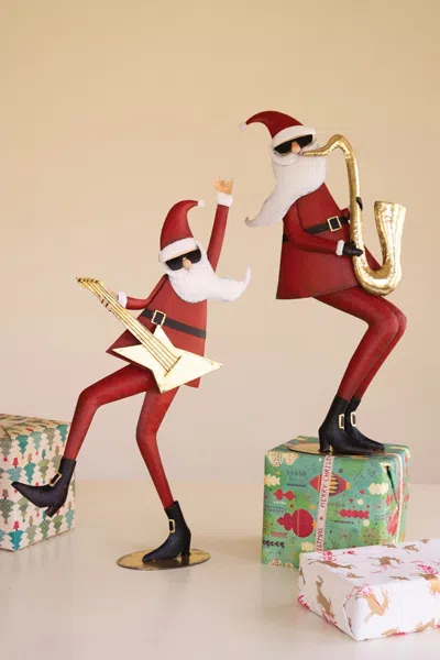 Kalalou Set Of Two Painted Metal Santa Musicians In Red