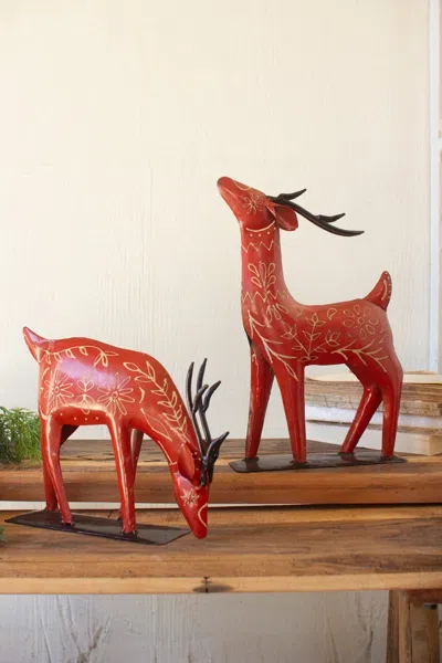 Kalalou Set Of Two Painted Recycled Metal Folk Reindeer In Red