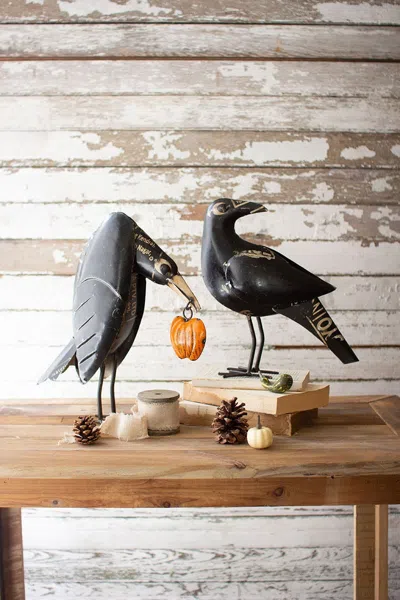 Kalalou Set Of Two Recycled Iron Crows Holding A Pumpkin In Black