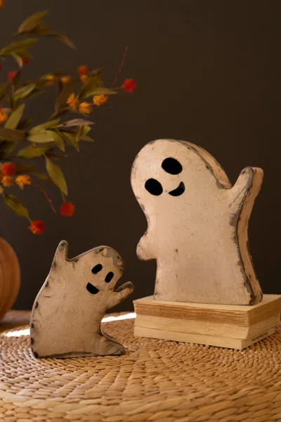 Kalalou Set Of Two Recycled Iron Halloween Ghosts In Neutral