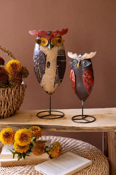 Kalalou Set Of Two Recycled Iron Owls On Stands In Multi