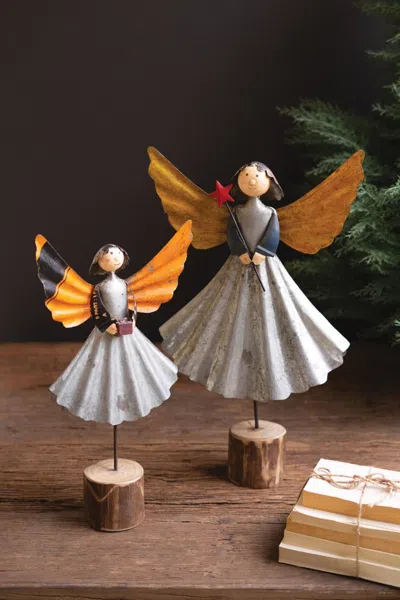 Kalalou Set Of Two Recycled Metal Angels On Wooden Bases In Multi
