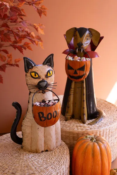 Kalalou Set Of Two Recycled Metal Halloween Cat And Dog In Multi