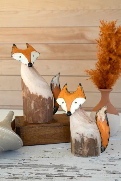 Kalalou Set Of Two Recycled Wood And Iron Foxes In Multi