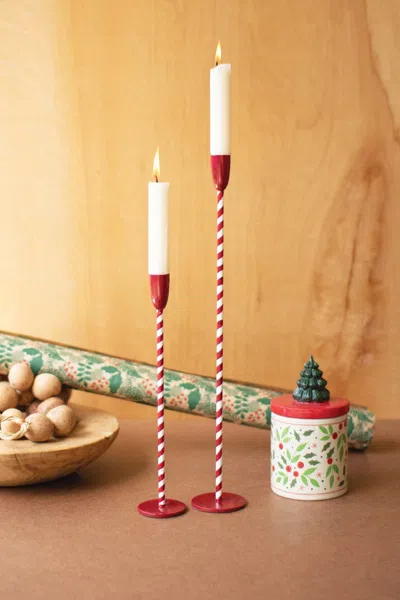 Kalalou Set Of Two Red And White Candy Cane Taper Candle Holders In Multi