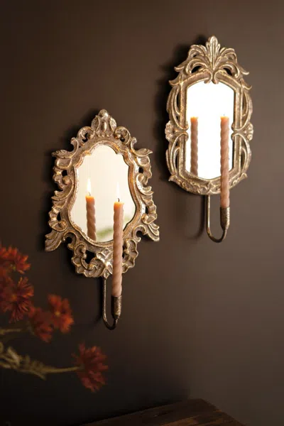 Kalalou Set Of Two Rustic Framed Mirrors With Taper Candle Holders In Gold