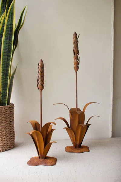 Kalalou Set Of Two Rustic Metal Aloe Plants With Flowers