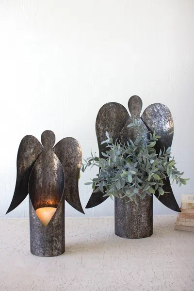 Kalalou Set Of Two Rustic Metal Angel Candle Holders
