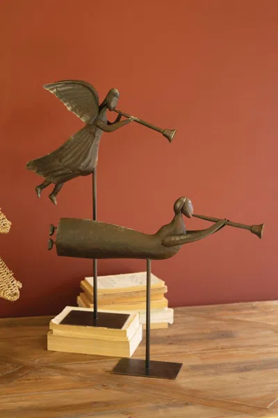 Kalalou Set Of Two Rustic Metal Folk Art Angels