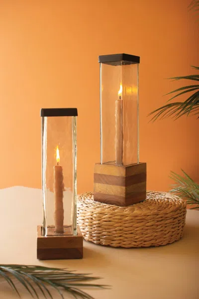 Kalalou Set Of Two Square Glass And Wood Taper Candle Holders