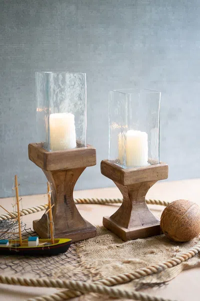 Kalalou Set Of Two Square Hurricanes With Recycled Wood Bases In Brown