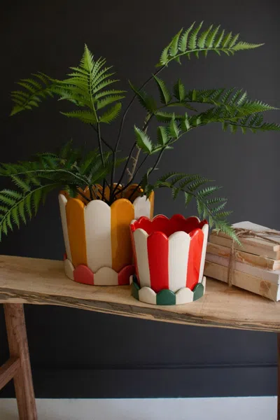 Kalalou Set Of Two Striped Ceramic Flower Pots With Trays In Multi