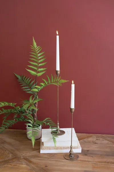 Kalalou Set Of Two Tall Antique Brass Taper Candle Holders In White
