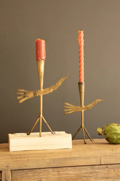 Kalalou Set Of Two Taper Candle Holders - Birds In Gold