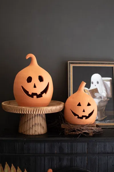 Kalalou Set Of Two Terracotta Clay Jack-o-lanterns