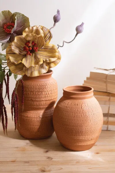 Kalalou Set Of Two Terracotta Vases With Crackle Detail In Brown