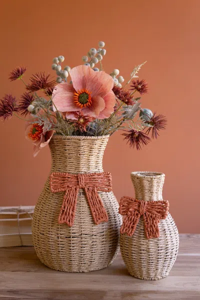 Kalalou Set Of Two Twisted Paper Vases With Bows In Brown