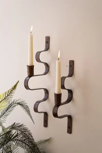 Kalalou Set Of Two Wavy Metal Taper Candle Wall Sconces In Black