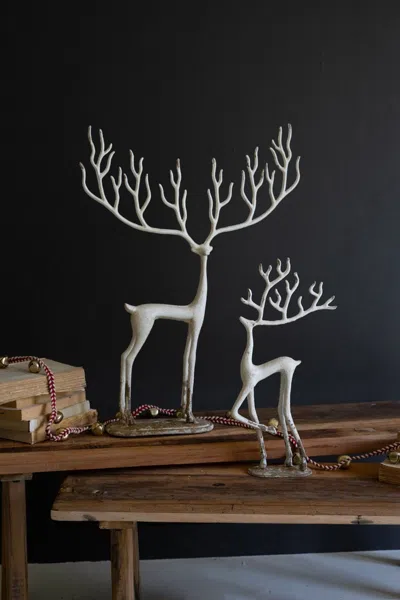 Kalalou Set Of Two White Cast Iron Deer In Silver