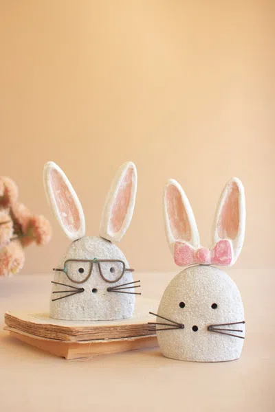 Kalalou Set Of Two White-wash Clay And River Rock Bunnies