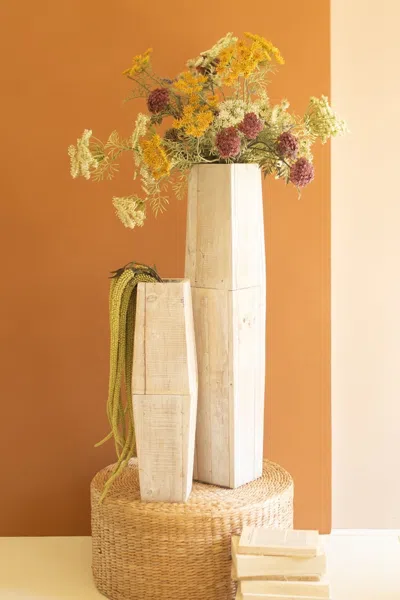 Kalalou Set Of Two White-washed Tall Oblong Wooden Vases