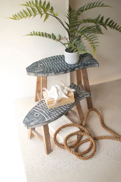 Kalalou Set Of Two Wooden Fish Stools In Gray