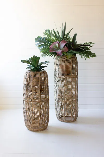 Kalalou Set Of Two Woven Seagrass And Iron Barrel Planters In Brown