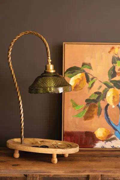 Kalalou Table Lamp With Green Glass Shade And Oval Wooden Base In Brown