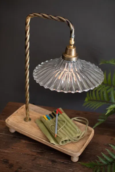 Kalalou Table Lamp With Wooden Tray Base And Glass Shade In Brown