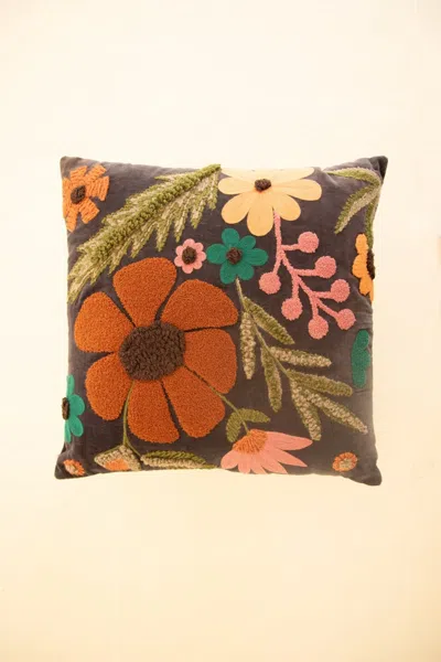Kalalou Velvet Embroidery Pillow - Flowers In Multi